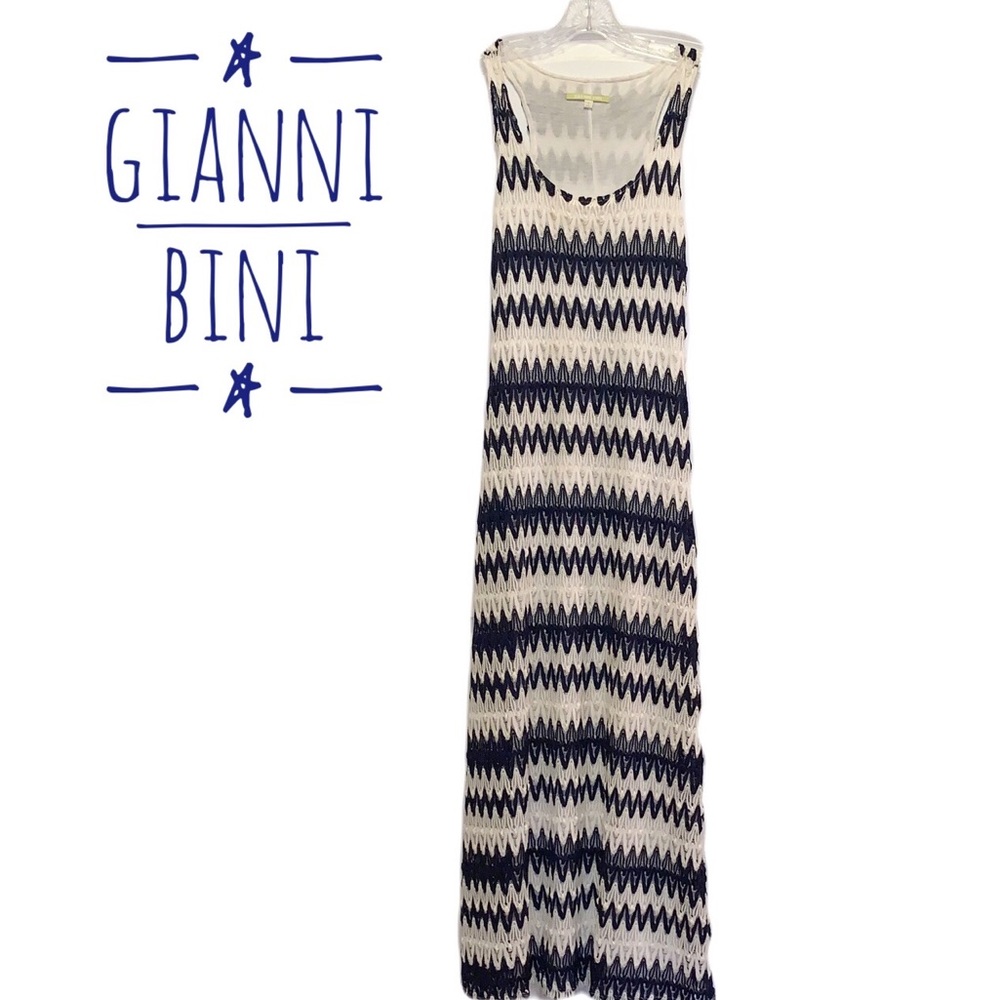 Gianni Bini Maxi Dress Navy and Creamy White Stripes Woven Shell Size S